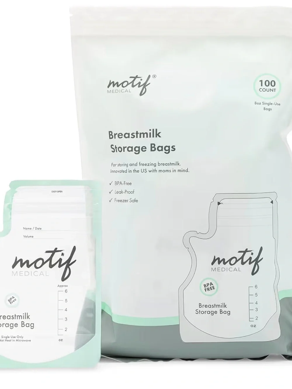 Motif Medical Mint & White Breastmilk Storage Bags - 100 Count